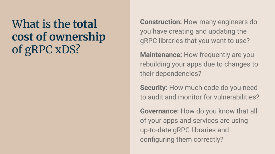 What is the total cost of ownership of gRPC xDS? Construction: How many engineers do you have creating and updating the gRPC libraries that you want to use? Maintenance: How frequently are you rebuilding your apps due to changes to their dependencies? Security: How much code do you need to audit and monitor for vulnerabilities? Governance: How do you know that all of your apps and services are using up-to-date gRPC libraries and configuring them correctly?